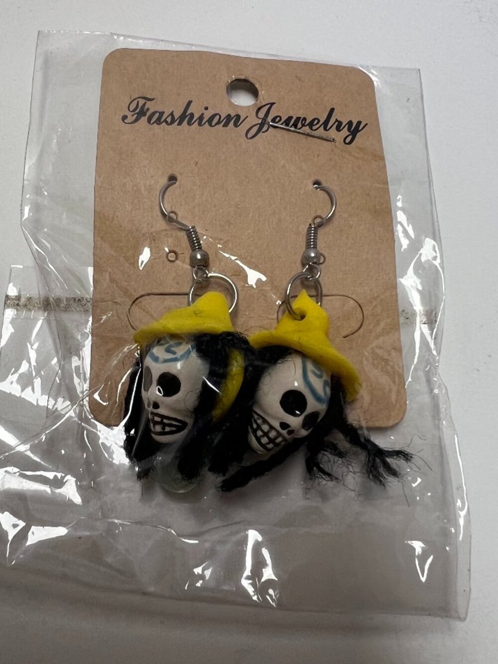 Halloween Skull Witch Dangle Earrings Yellow Hat Skeleton Spooky Costume Jewelry